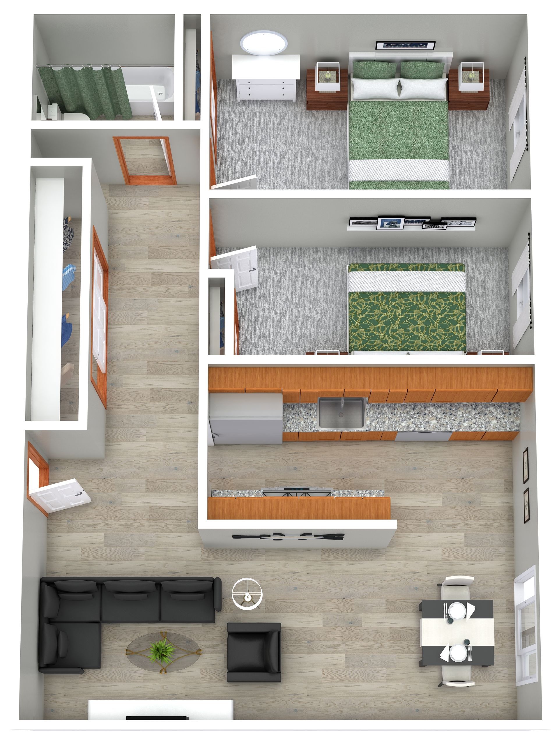 Top-down apartment floor plan with bedroom, kitchen, living room, and bathroom in gray and wood tones