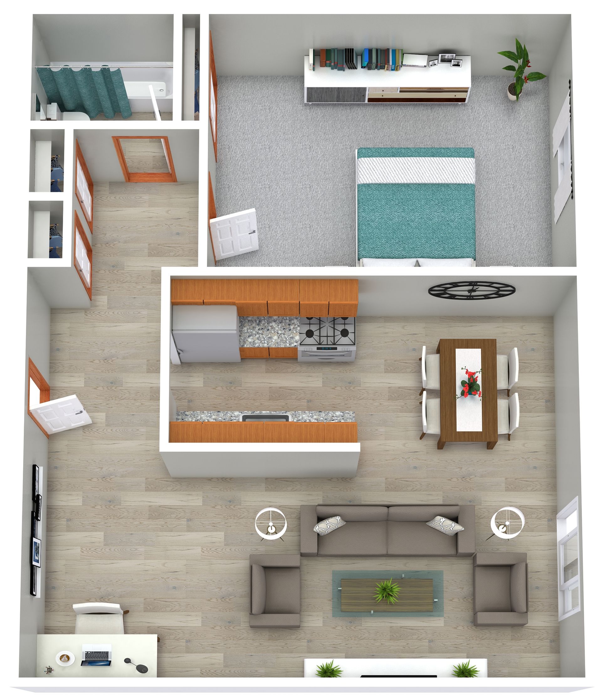 Top-down floor plan of a modern apartment with bedroom, kitchen, living room, bathroom, and balcony.