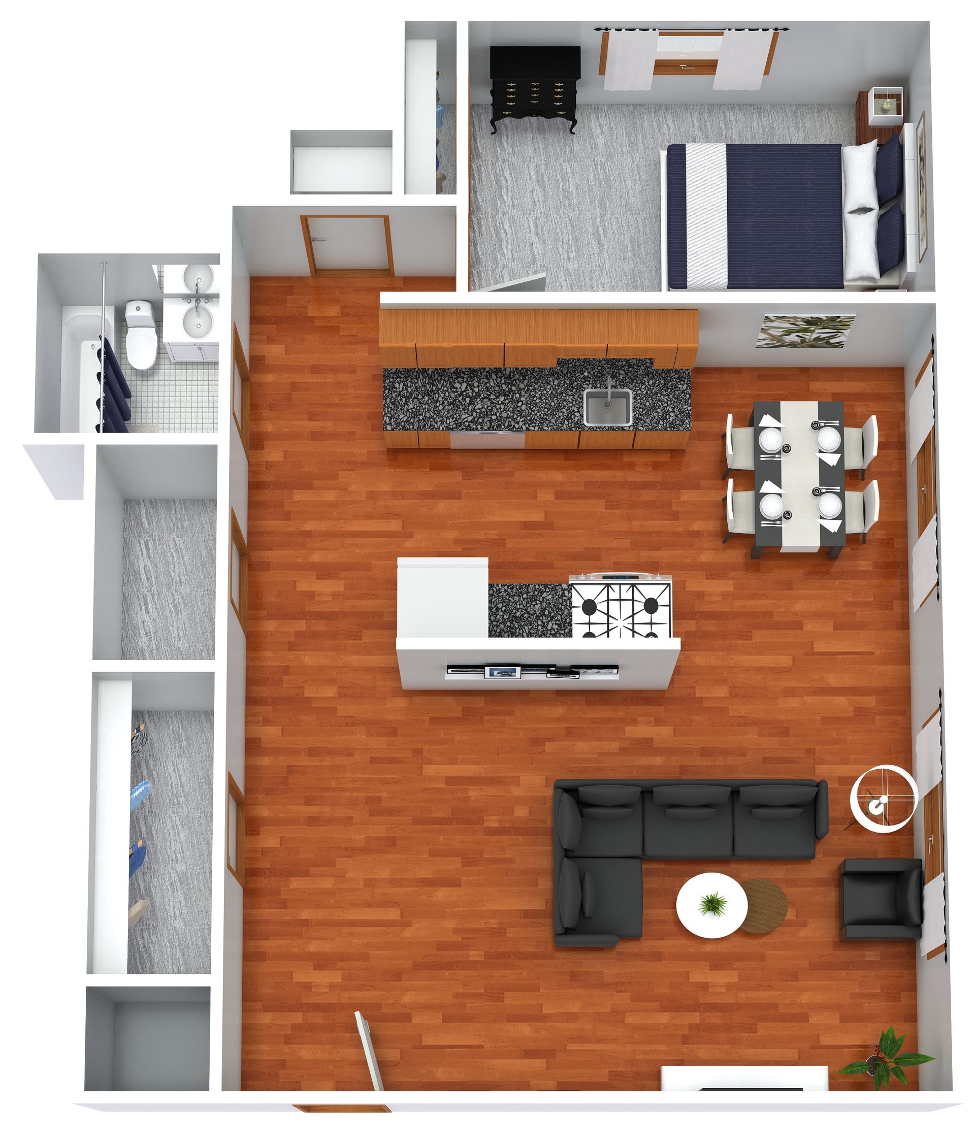 Top-down apartment floor plan with wood living area, kitchen island, dining table, bedroom, bathroom, and balcony.