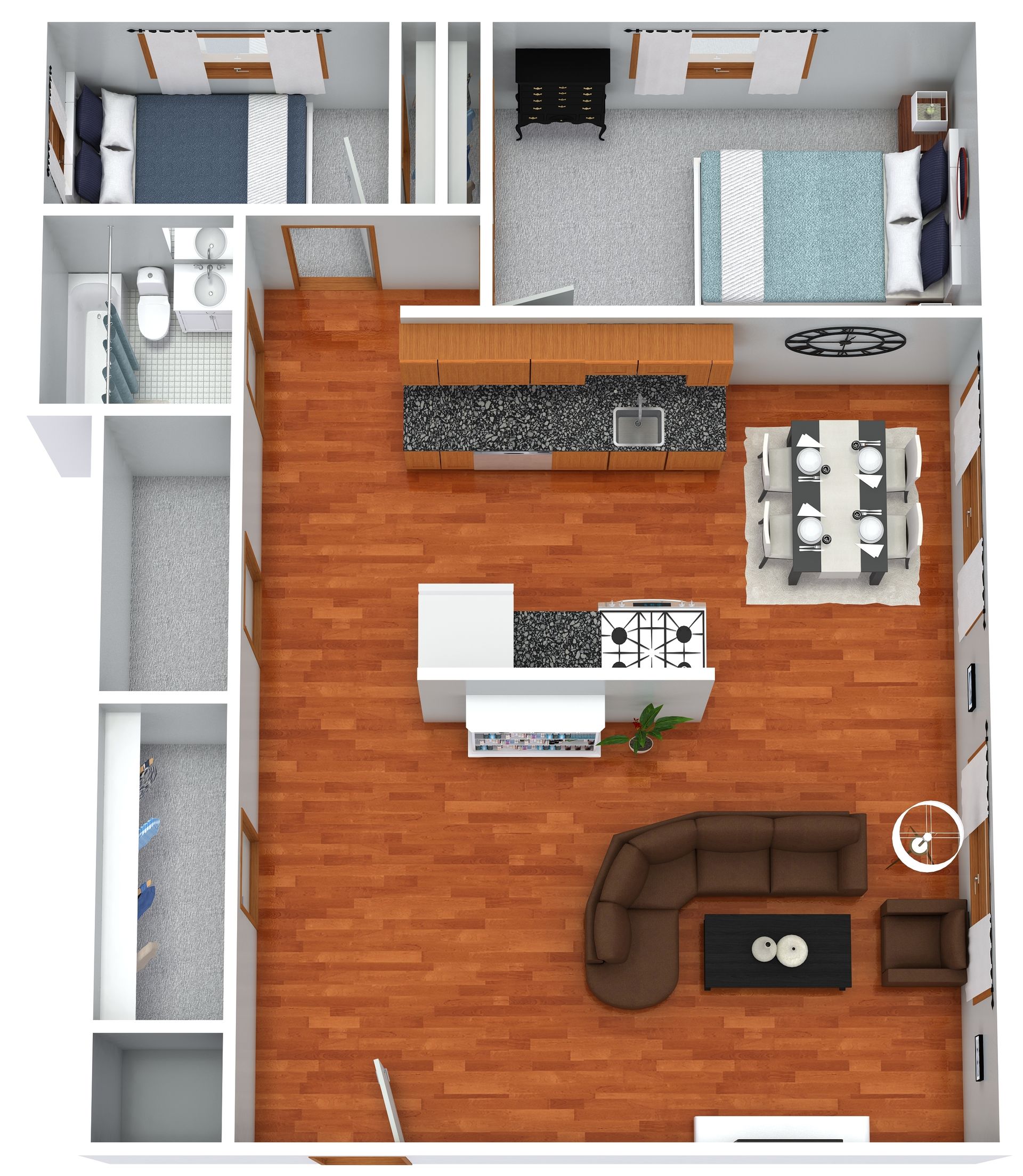 Top-down view of a modern apartment with open kitchen, living room, bedroom, bathroom, and hardwood floors