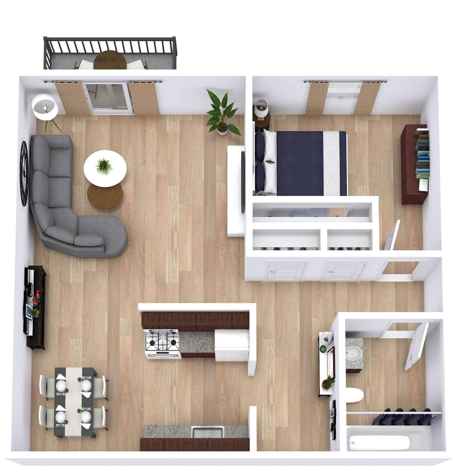 Top-down floor plan of a small apartment with living room, bedroom, kitchen, dining area, and bath.