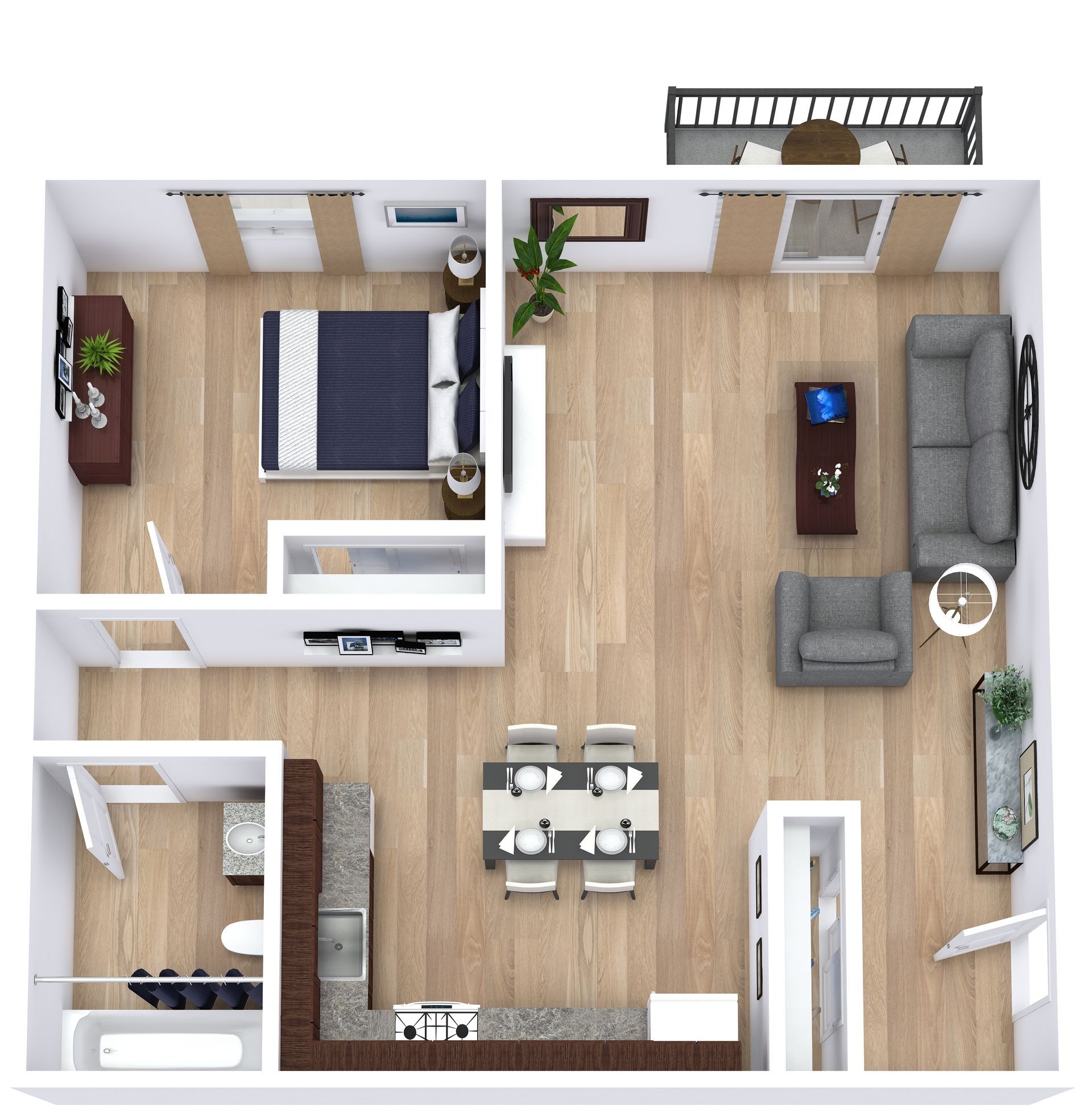 Top-down floor plan of a small apartment with bedroom, kitchen, living room, and dining area.