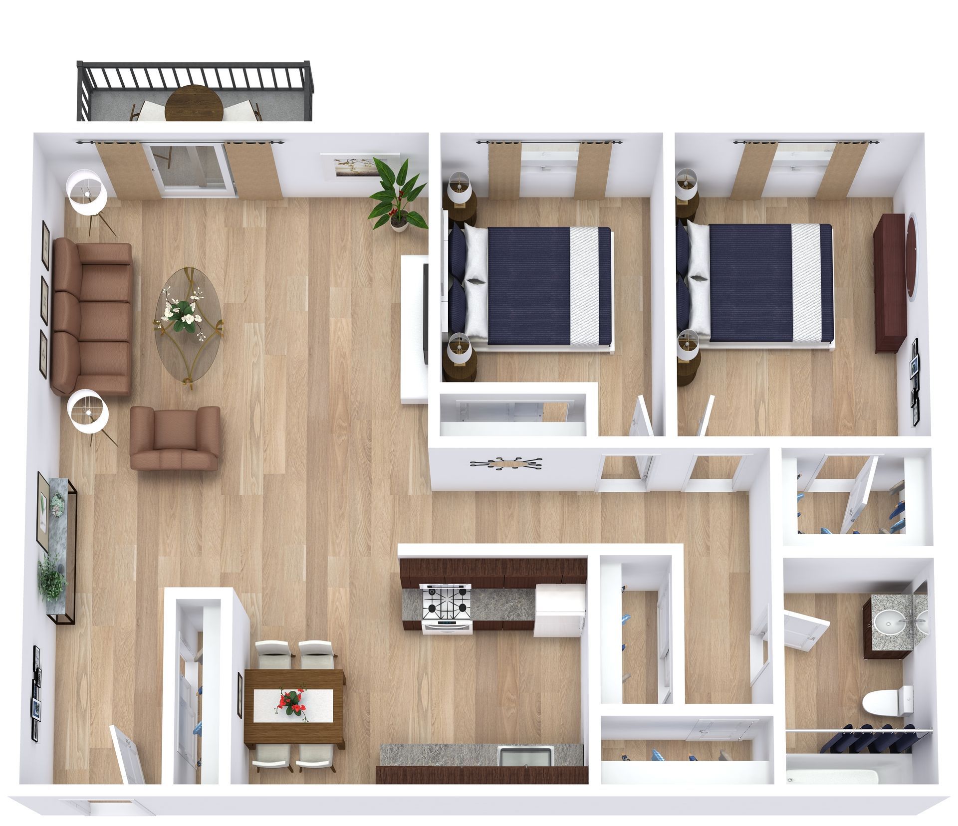 Top-down floor plan of a furnished apartment with living room, kitchen, two bedrooms, and bath