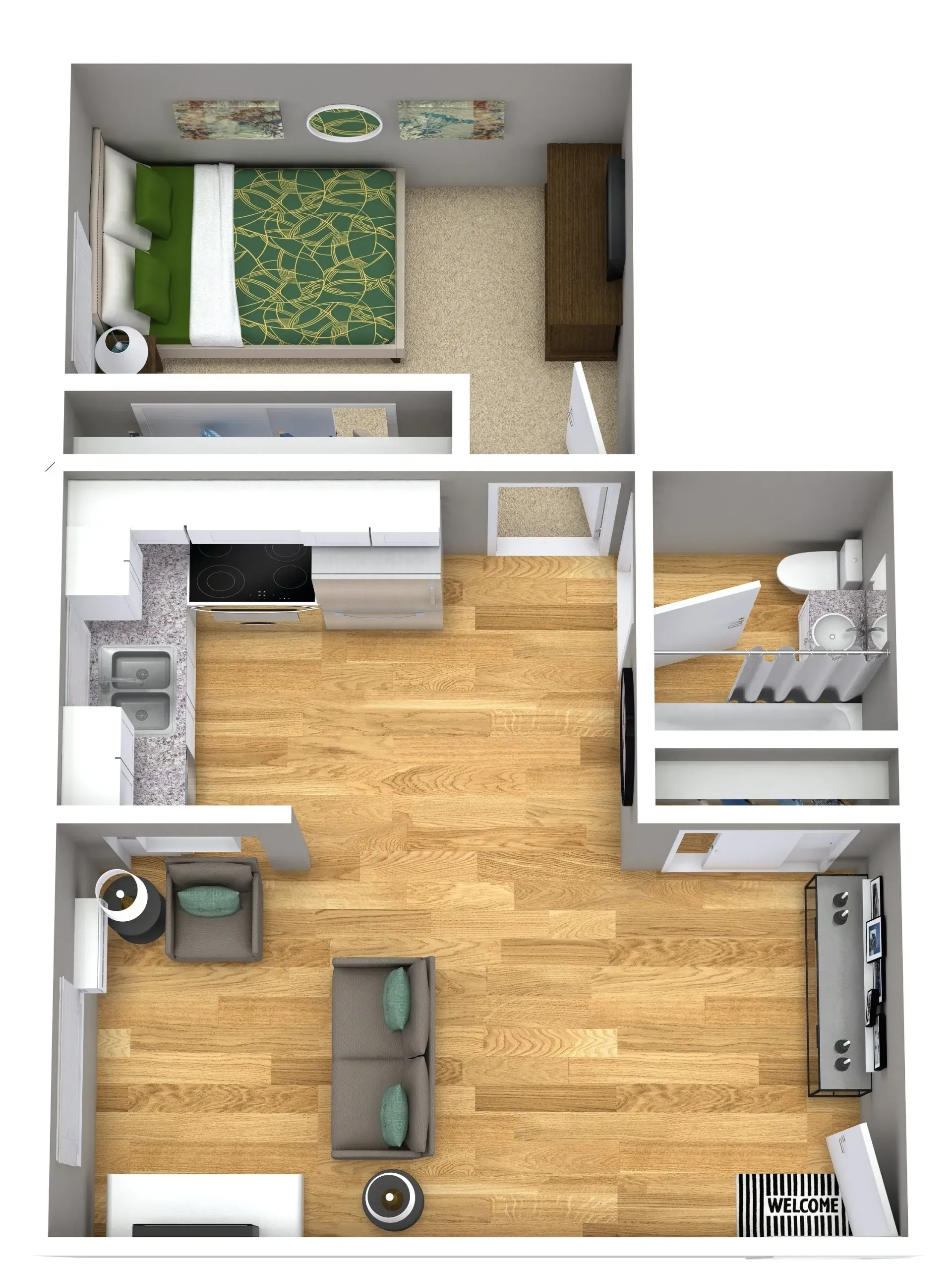 Top-down floor plan of a small apartment with bedroom, bathroom, kitchen, and living area with wood floors