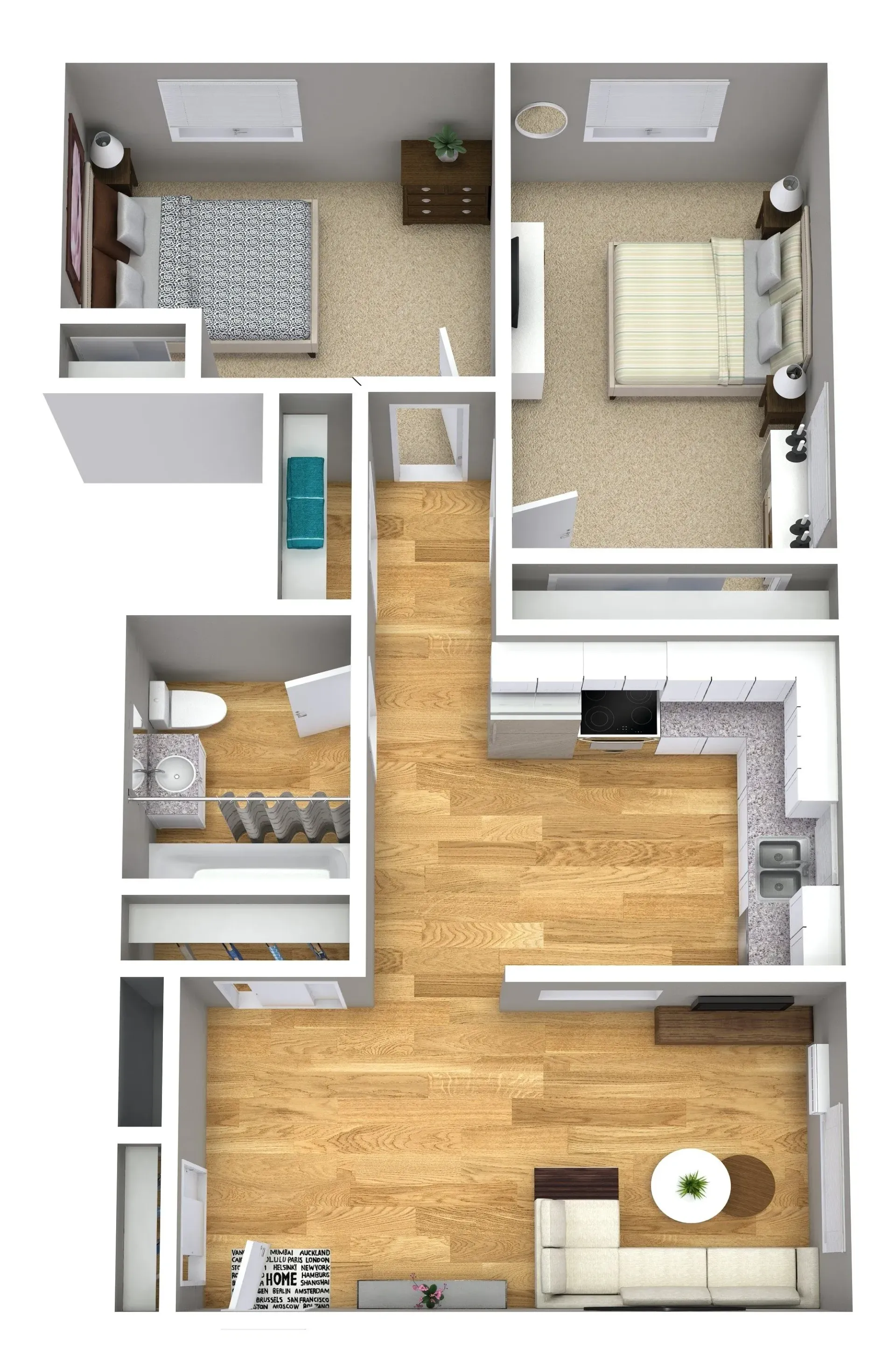 Top-down 3D floor plan of a small apartment with bedroom, bath, hall, and living area with wood floors and gray walls