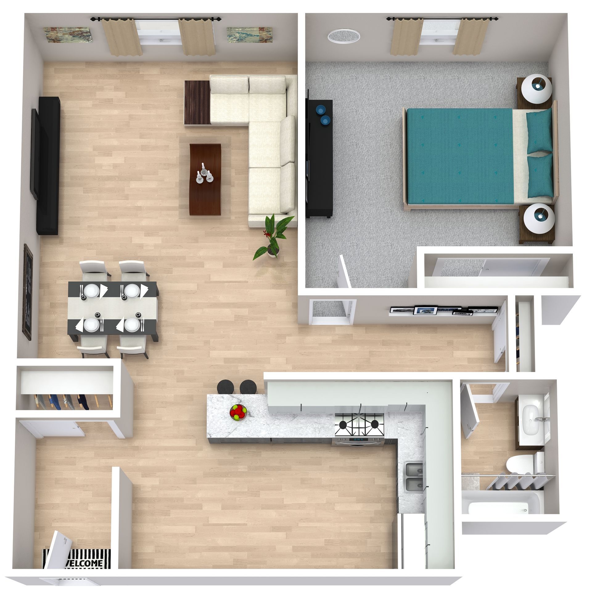 Top-down apartment floor plan with living room, bedroom, kitchen, dining area, and bathroom.