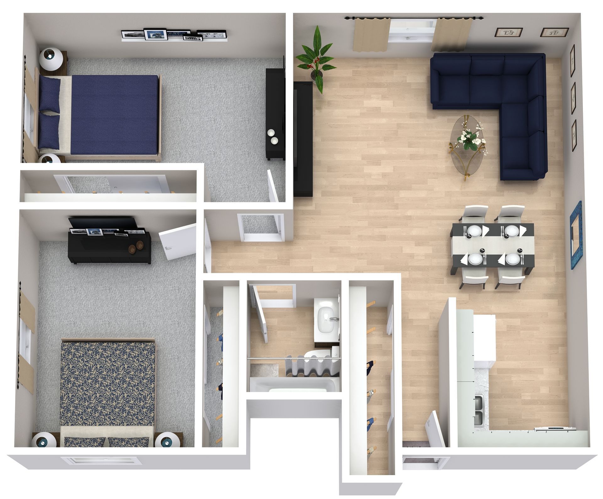 Top-down floor plan of a modern apartment with bedroom, bathroom, living room, and kitchen-dining area.