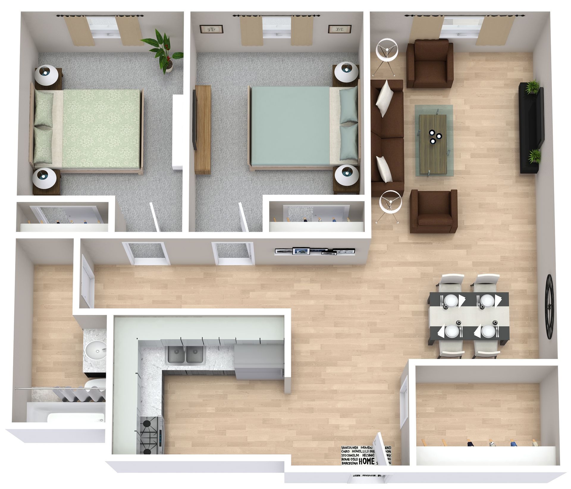 Top-down floor plan of a small apartment with two bedrooms, living room, kitchen, dining area, and balcony.