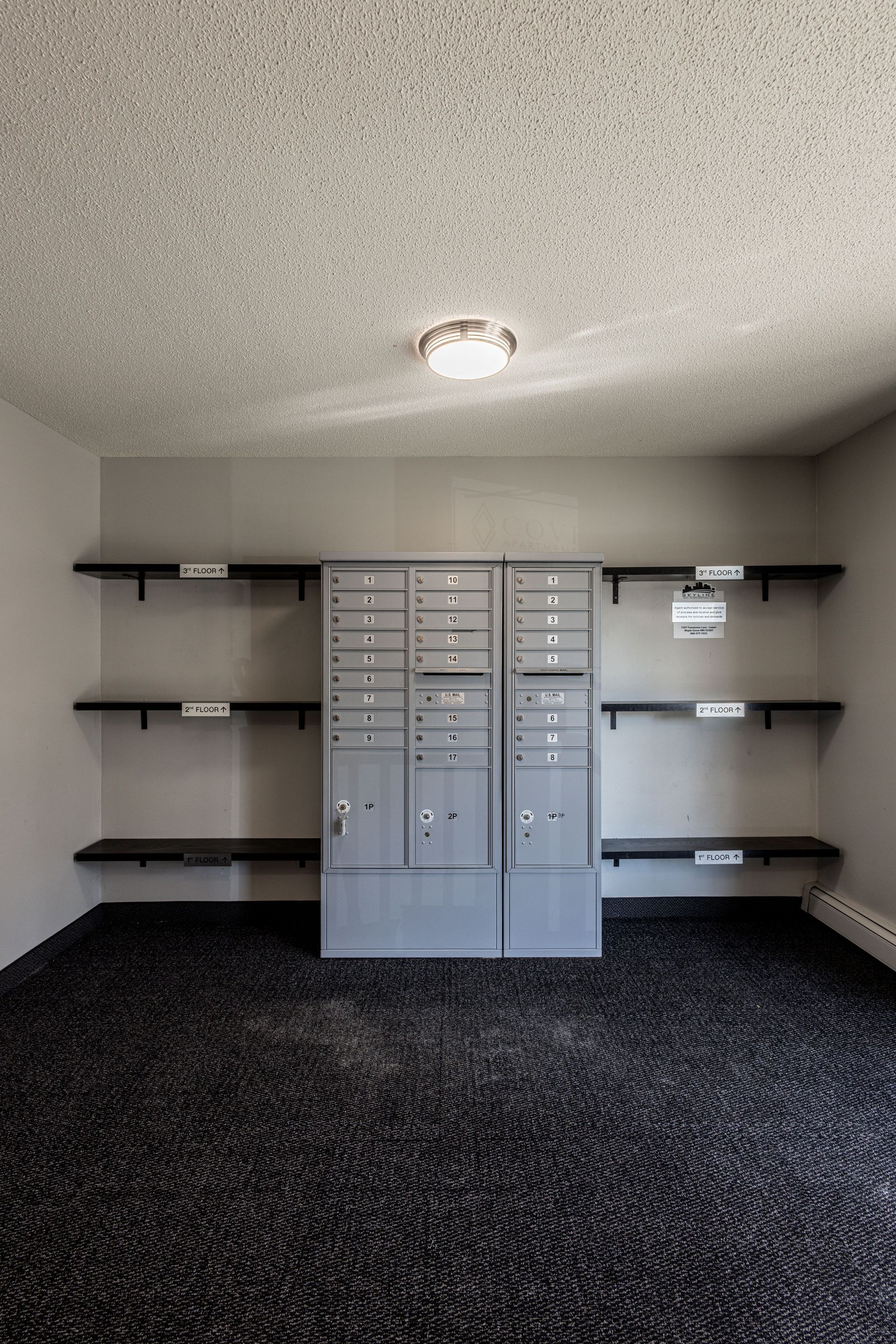 Empty apartment mailroom with central mailbox units, wall shelves, white ceiling, and dark carpet.