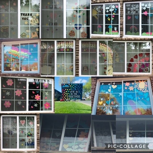 Collage of decorated school windows with colorful flowers, hearts, stars, and a rainbow mural