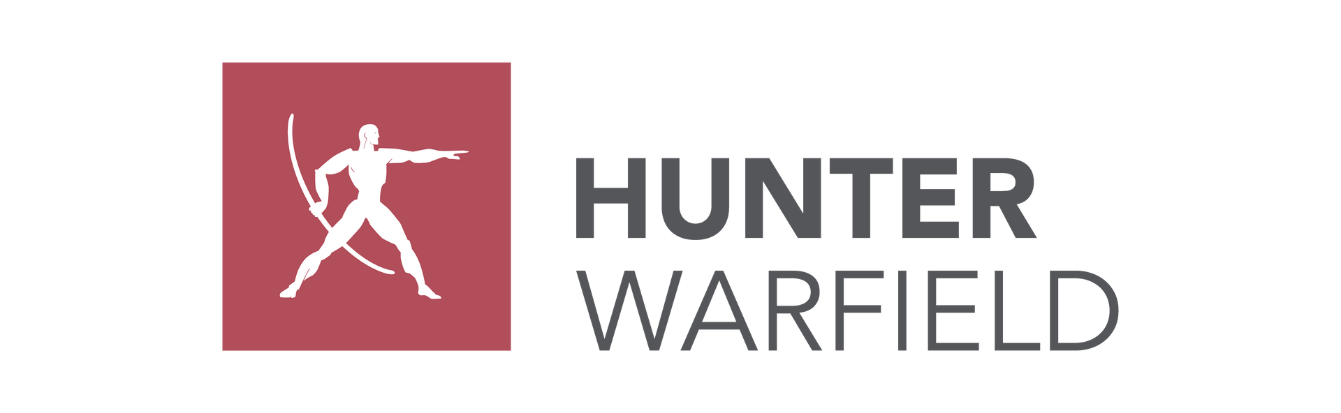 Hunter Warfield logo with white archer silhouette on a red square beside gray text.