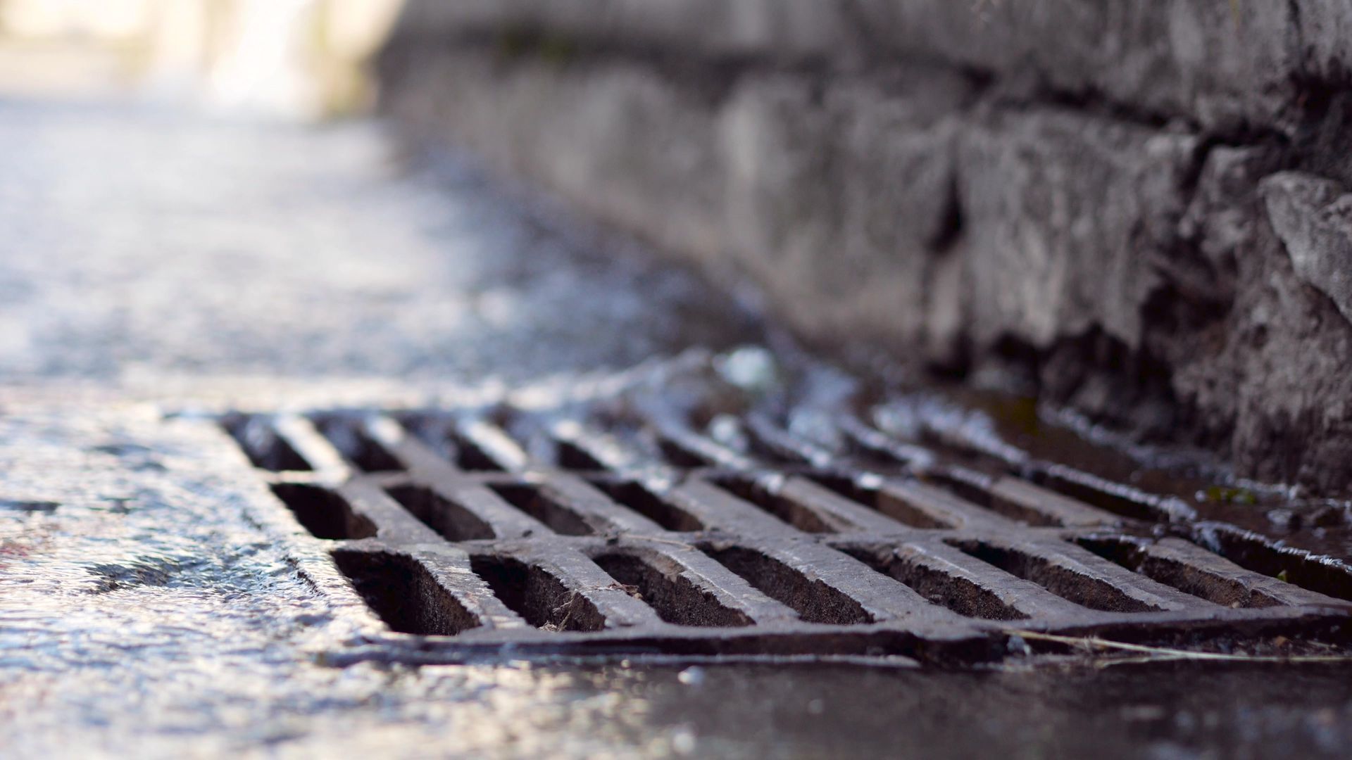 Metal storm drain in a wet street, next to a stone wall.