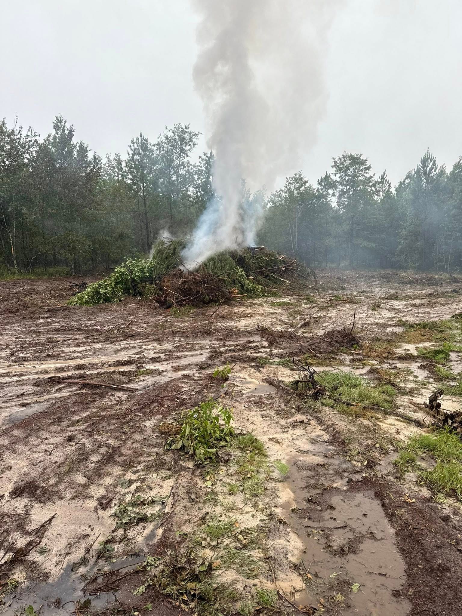 A pile of cleared brush and debris burns in a muddy, forest-clearing setting, sending a thick plume of smoke skyward.