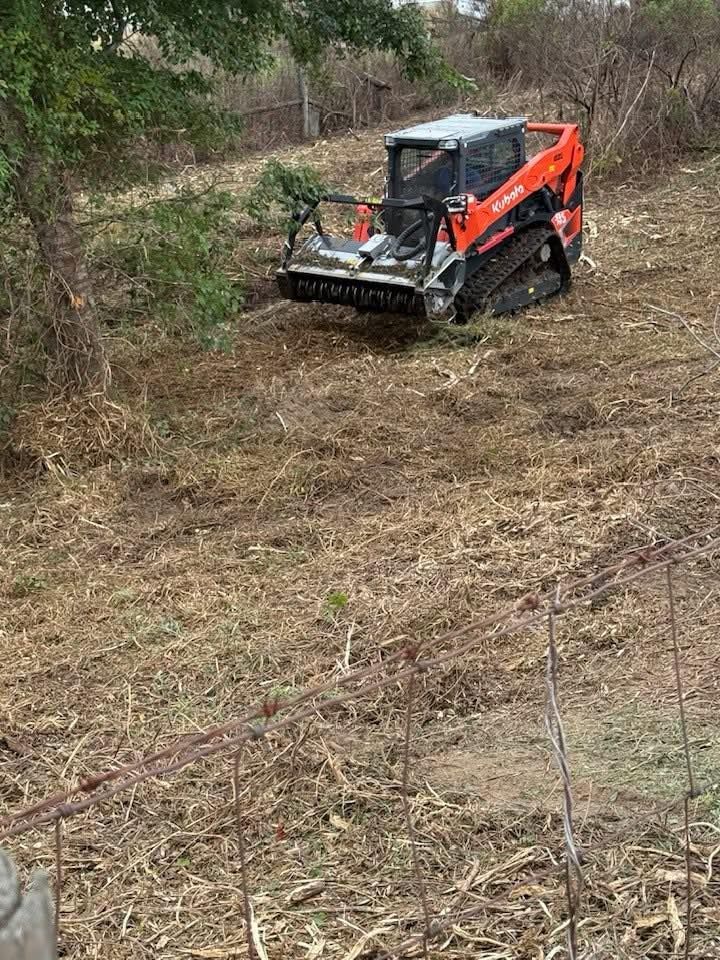 An orange Kubota track loader mulches brush and clears vegetation in a rural, grassy field.