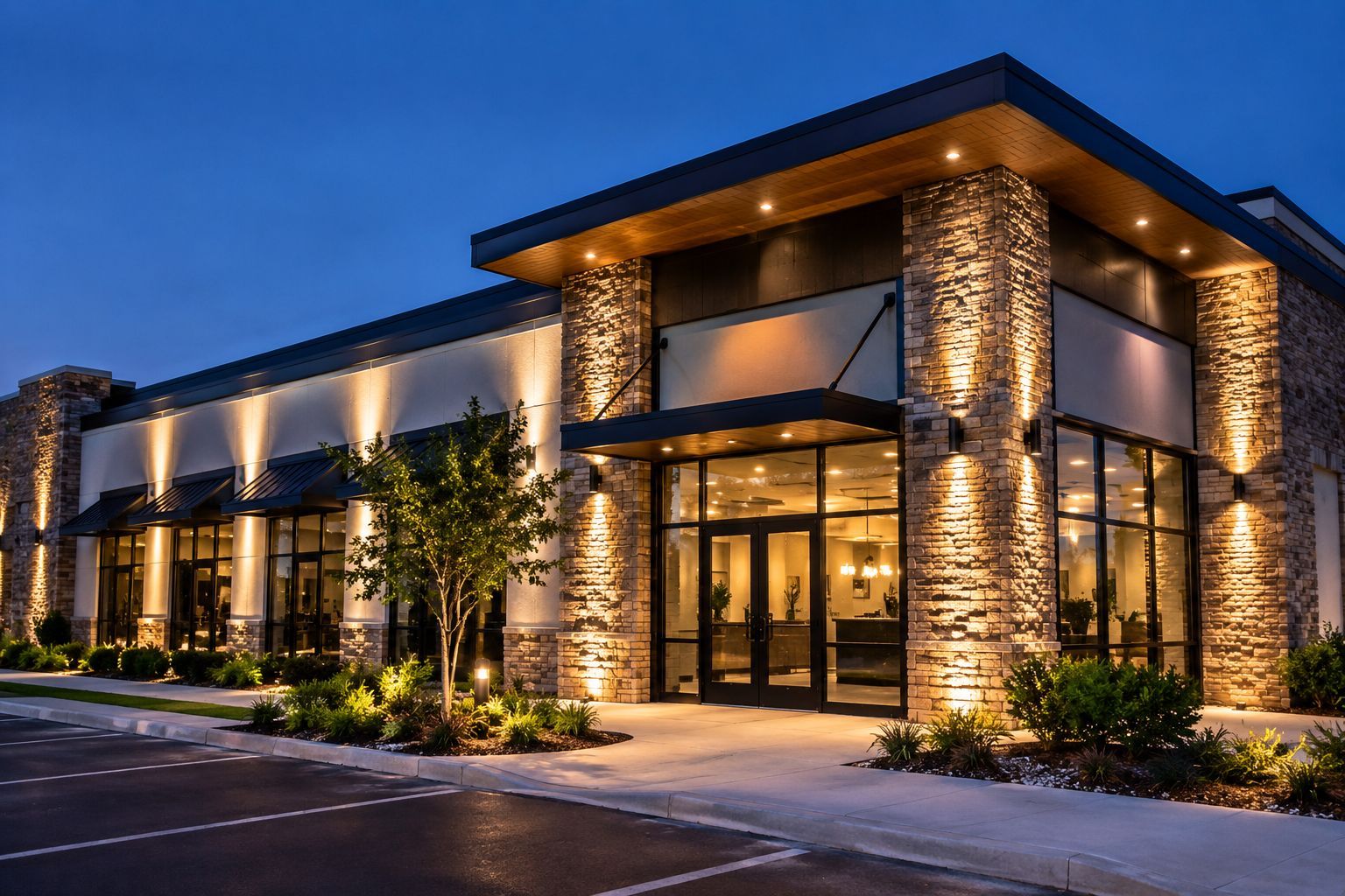Modern office building exterior at dusk with warm lighting, stone columns, and glass entrance