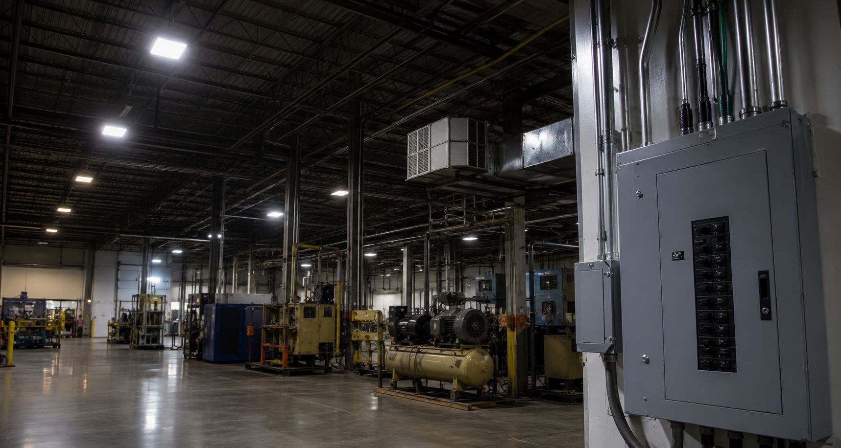 Industrial warehouse interior with machinery, overhead lights, and a large electrical panel in the foreground