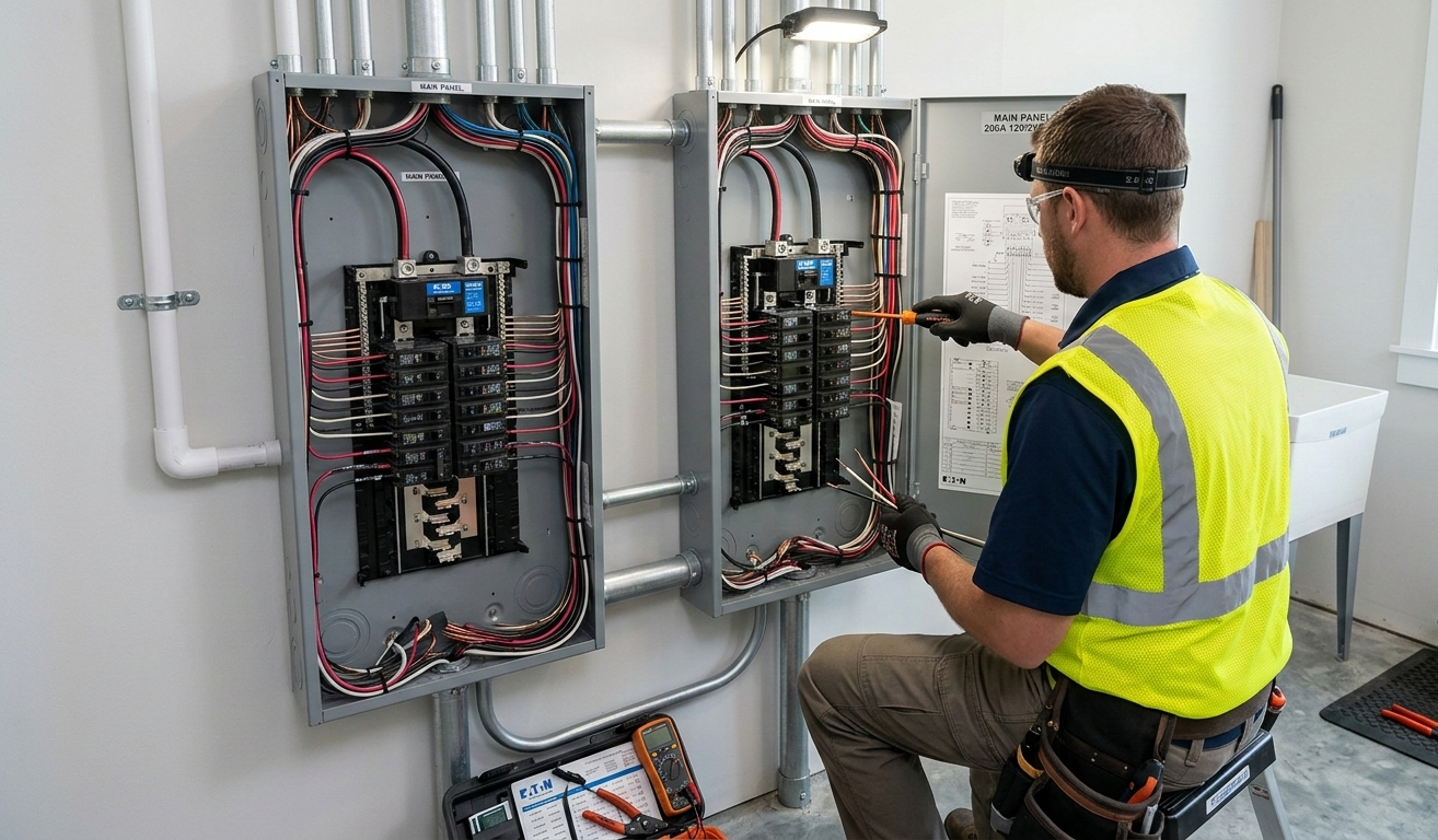 Electrician wiring two open electrical panels in a utility room