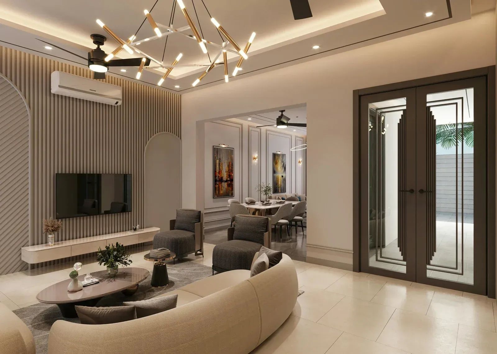 Modern living room with beige sofas, chandelier, wall-mounted TV, and black double doors.