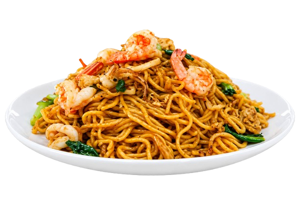 Takeout container of stir-fried noodles with shrimp, vegetables, and sliced meat
