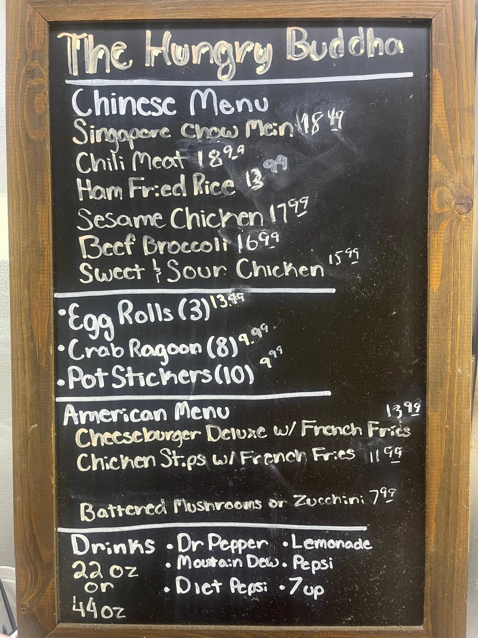 Chalkboard restaurant menu for The Hungry Buddha with Chinese dishes, appetizers, and drinks listed.