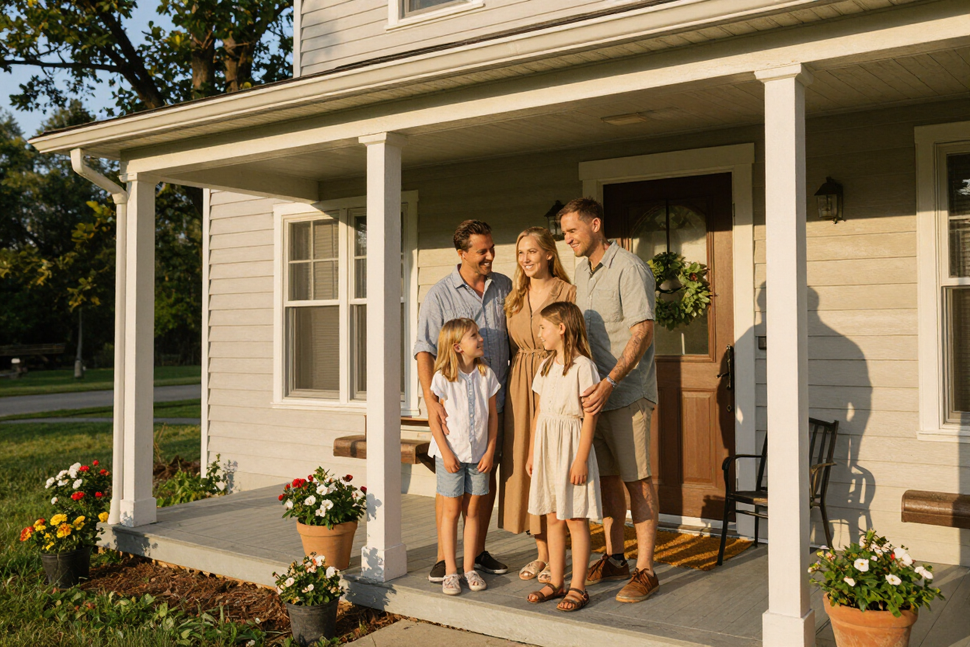 Happy resident family on the welcoming porch of a rental home