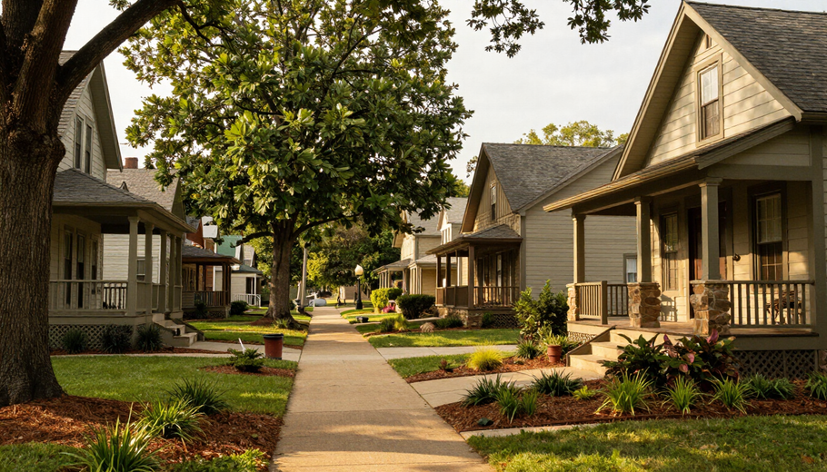 Sunlit Middle Tennessee neighborhood with craftsman homes and tree-lined sidewalks