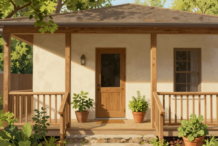 Nashville craftsman bungalow front porch with potted plants and warm natural light