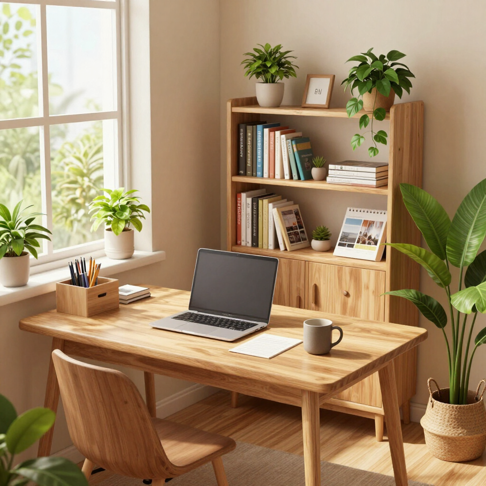 Warm professional home management workspace with natural light and wood tones