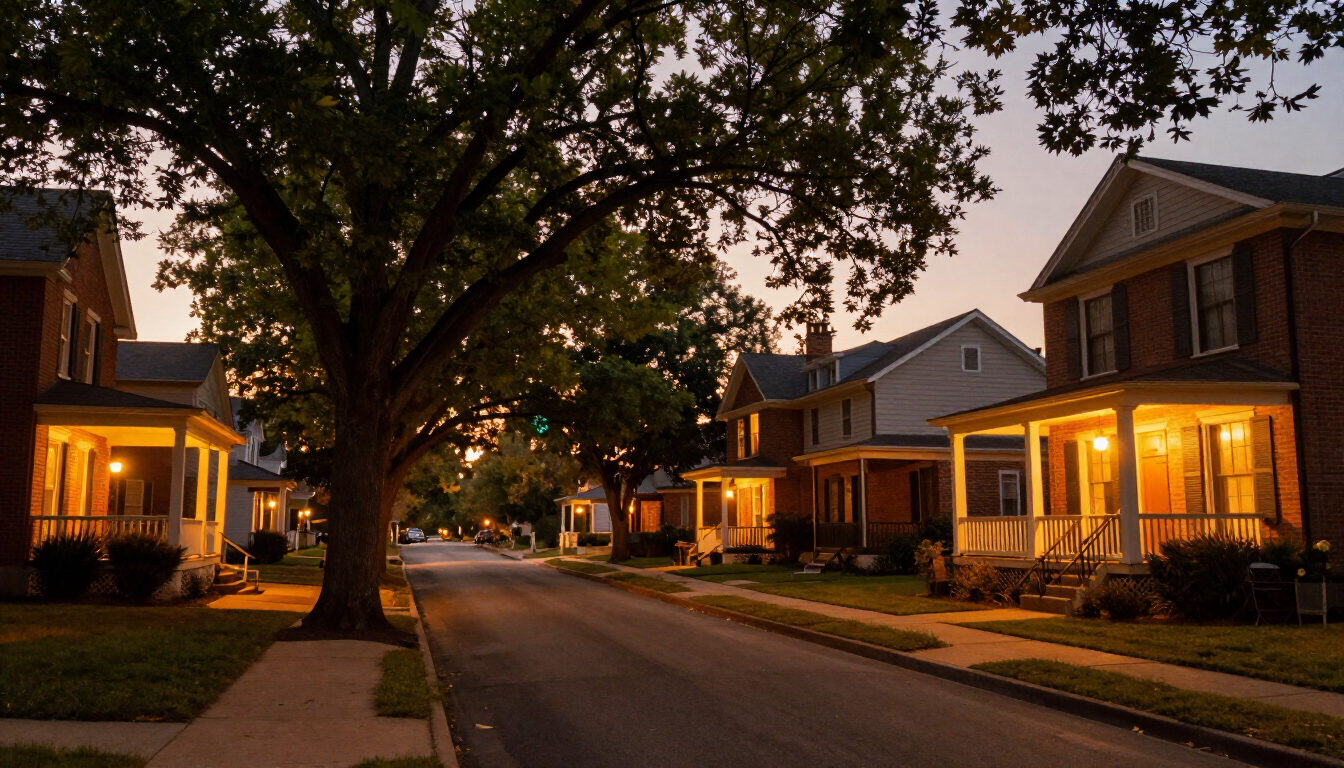 Nashville tree-lined neighborhood street at dusk with warm porch lights