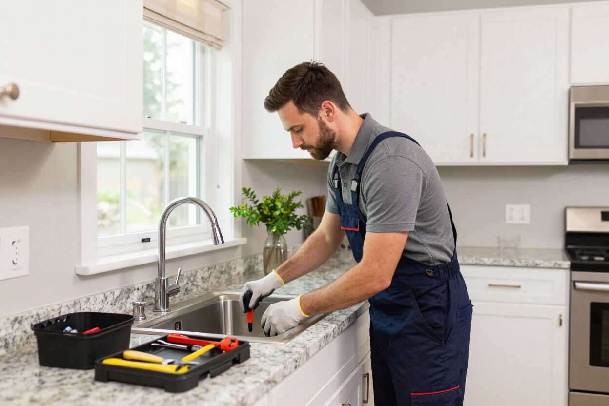 Professional home maintenance repair in a well-lit kitchen