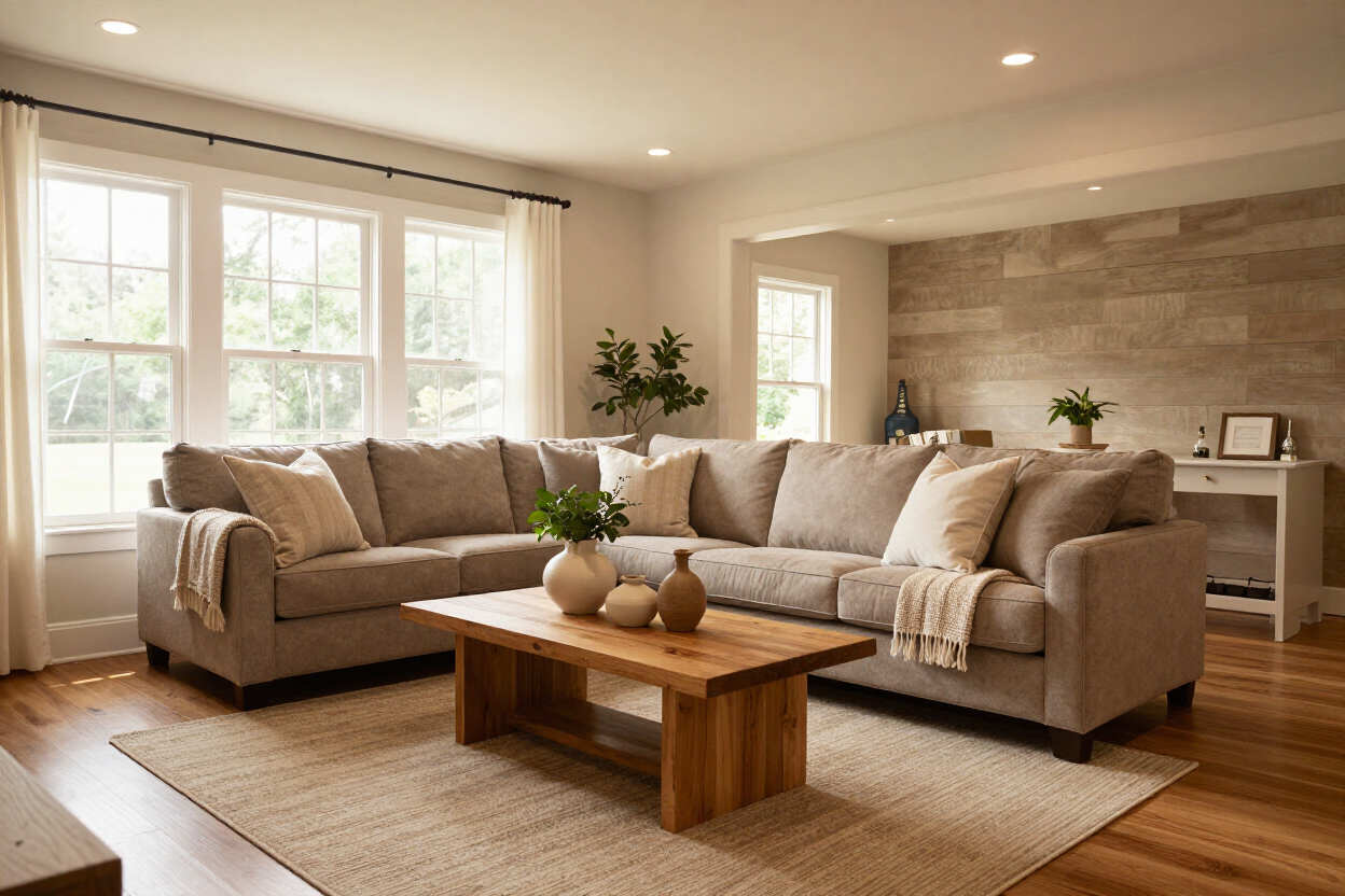 Warm cozy living room with natural light and neutral tones