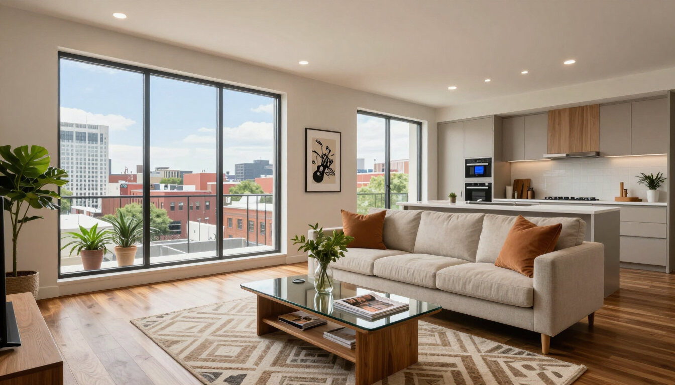 Modern Nashville apartment living room with natural light.