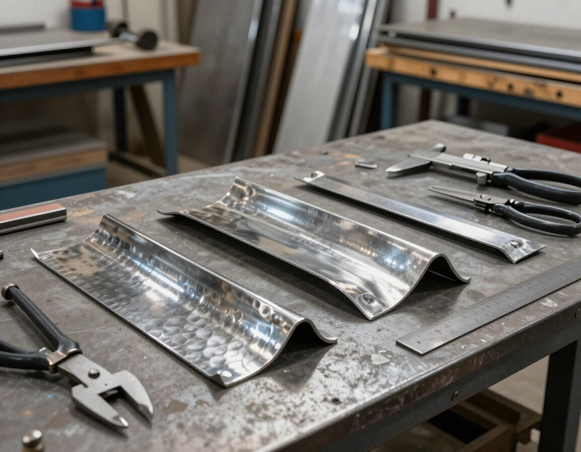 Láminas de metal y herramientas manuales sobre una mesa de taller, mostrando paneles curvos brillantes en construcción.