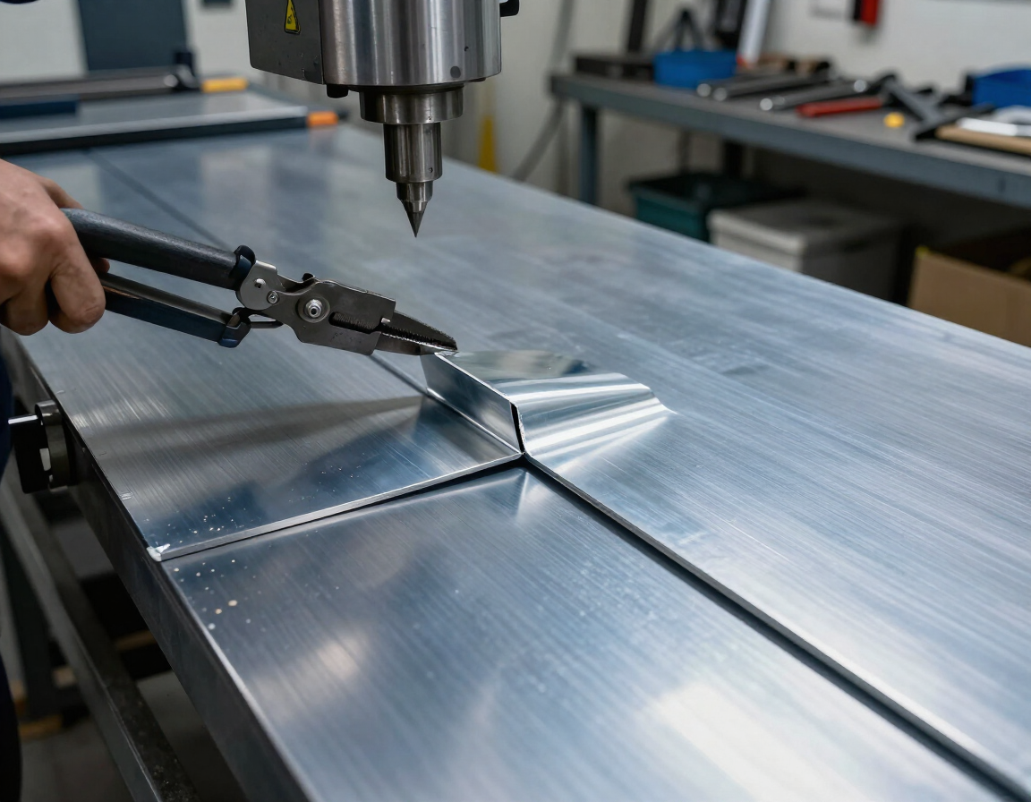 Una lámina de metal se corta con alicates sobre una mesa de taller debajo de una fresadora.