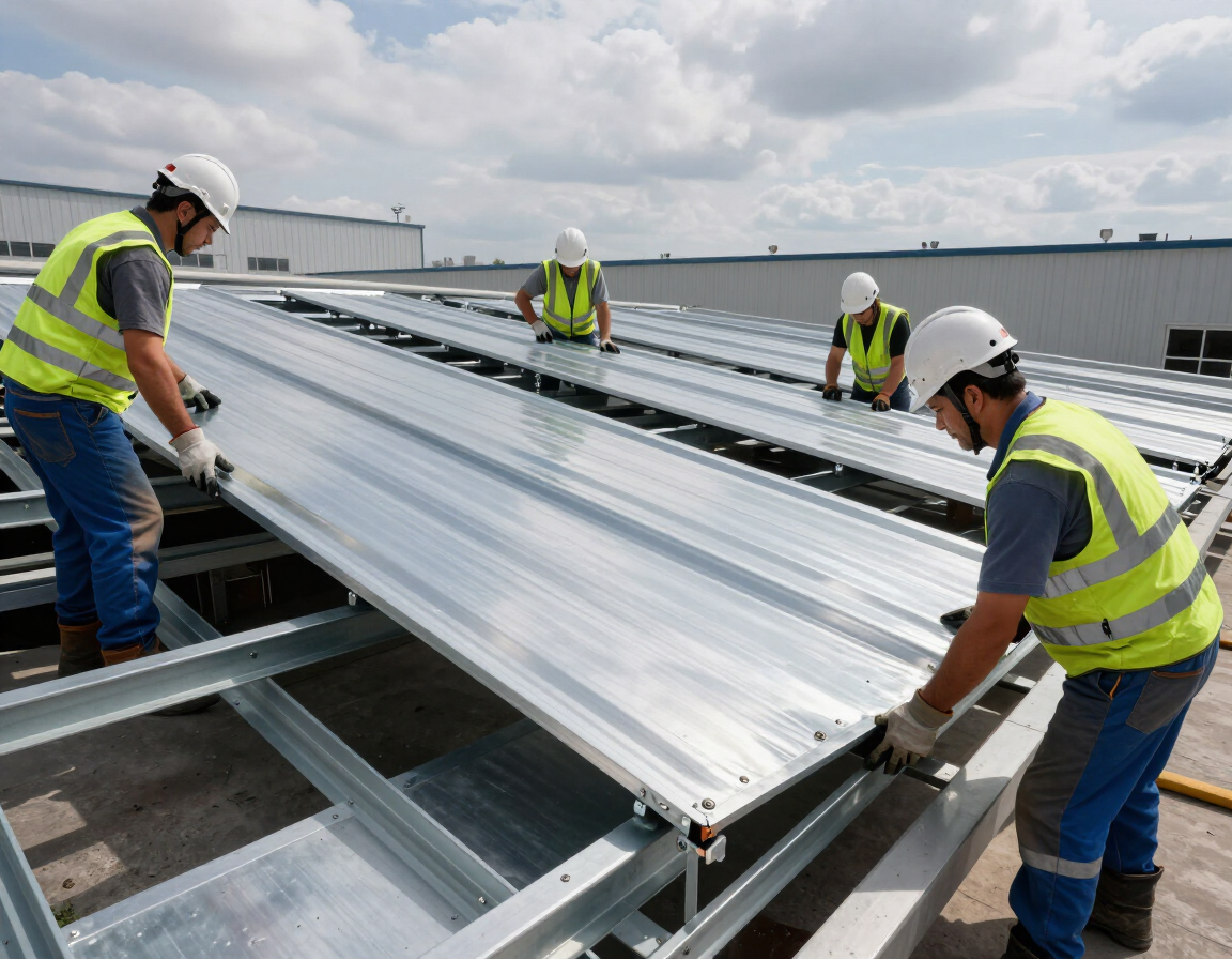 Trabajadores con cascos y chalecos de seguridad instalando paneles de techo metálicos en una azotea.