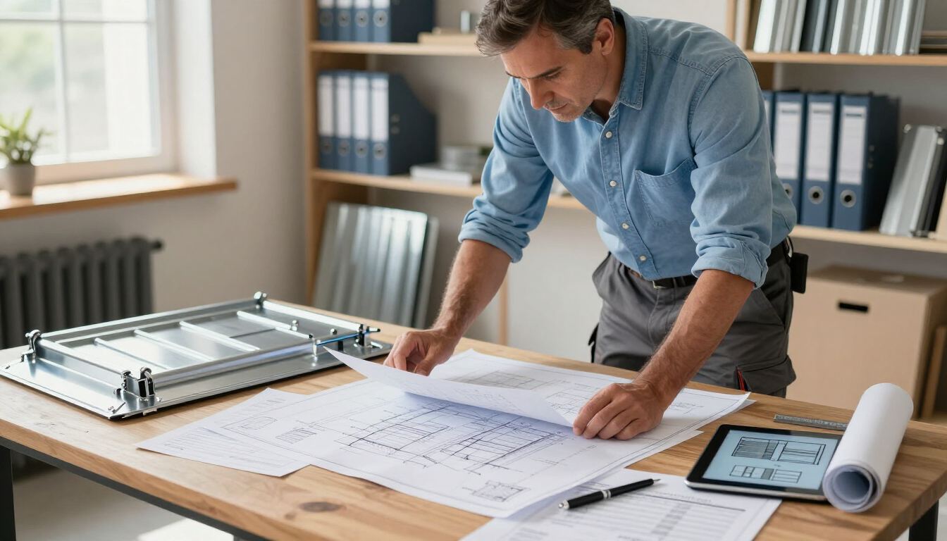 Hombre revisando planos arquitectónicos en un escritorio con una tableta y material de oficina en un espacio de trabajo luminoso.