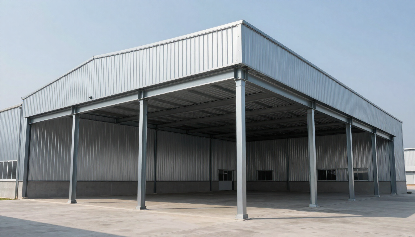 Nave industrial metálica abierta por los laterales, con techo de chapa ondulada y suelo de hormigón.