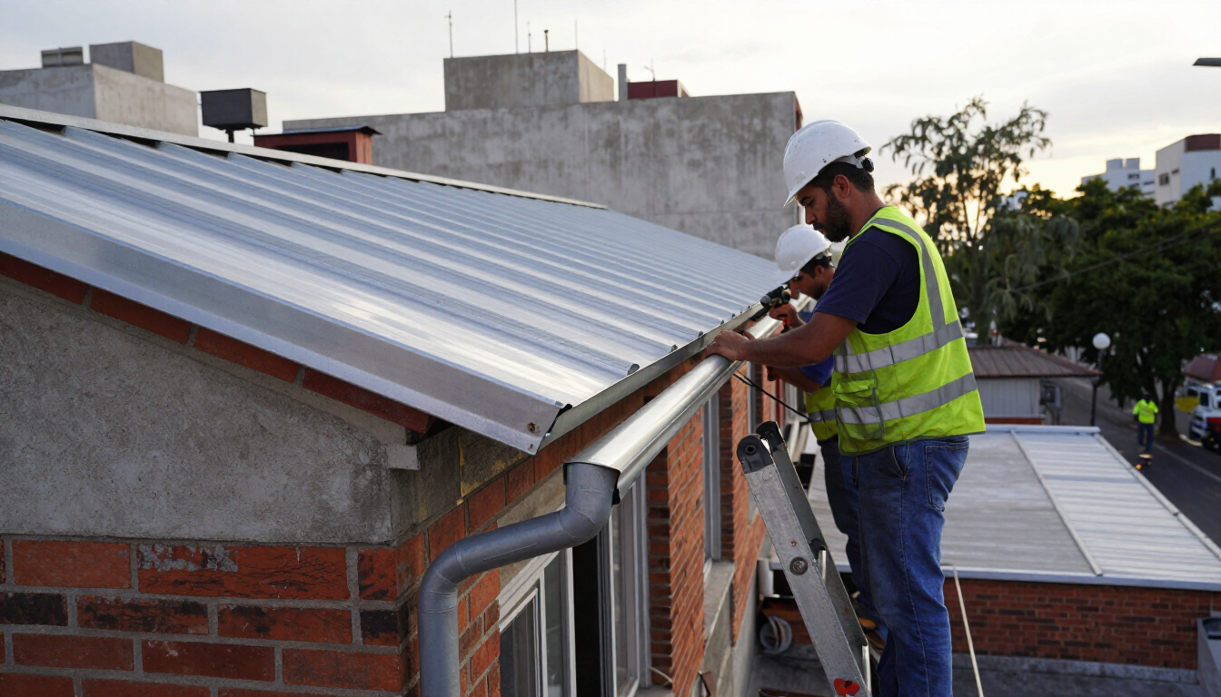 Un trabajador instala paneles de techo metálicos en una azotea junto a una pared de ladrillos.