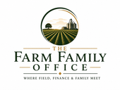 Logo for The Farm Family Office with a farm field, silo, and tree in a circular emblem on a white background