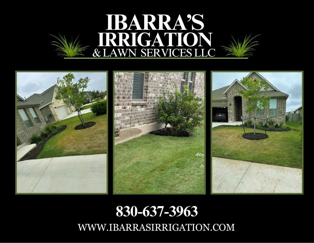 Ibarra’s Irrigation & Lawn Services LLC ad with three landscaped front-yard photos and contact info