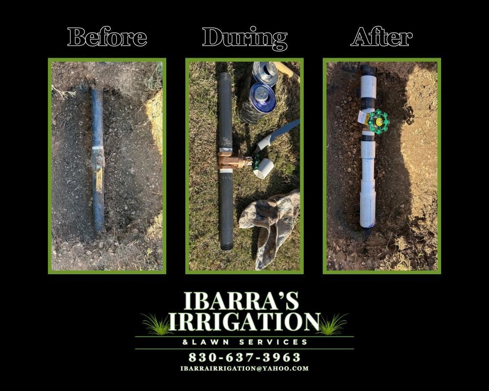 Before, during, after photos of irrigation pipe repair by Ibarras Irrigation & Lawn.