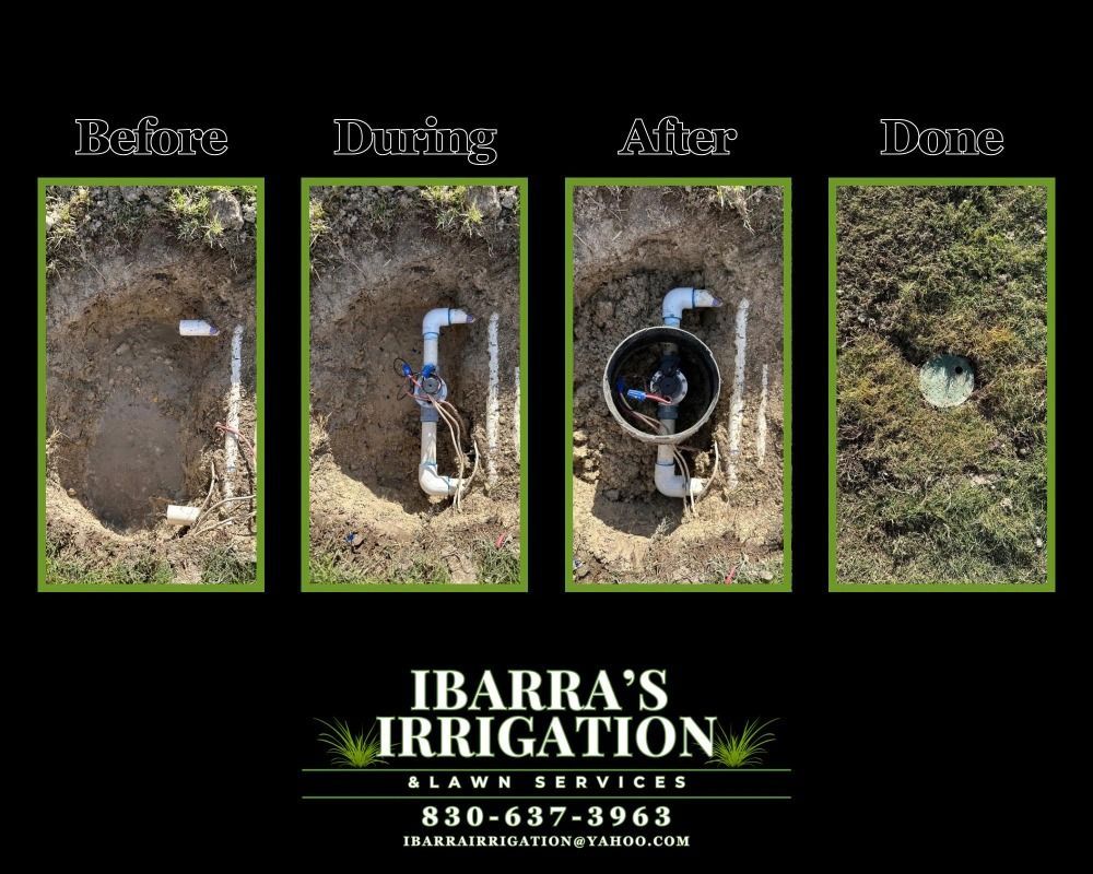 Before, during, after, and done irrigation repair photos for Ibarria’s Irrigation, with company logo and phone number.