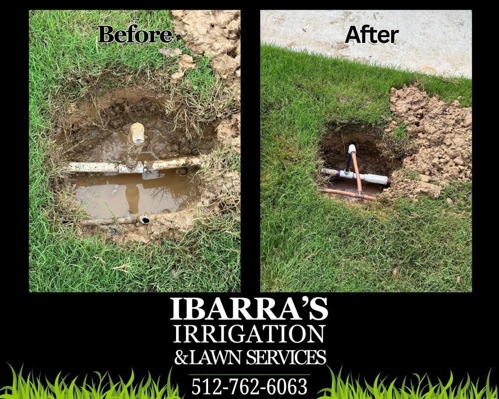 Before-and-after irrigation repair photos; muddy broken valve fixed in a grassy yard by Ibarra’s Irrigation & Lawn Services