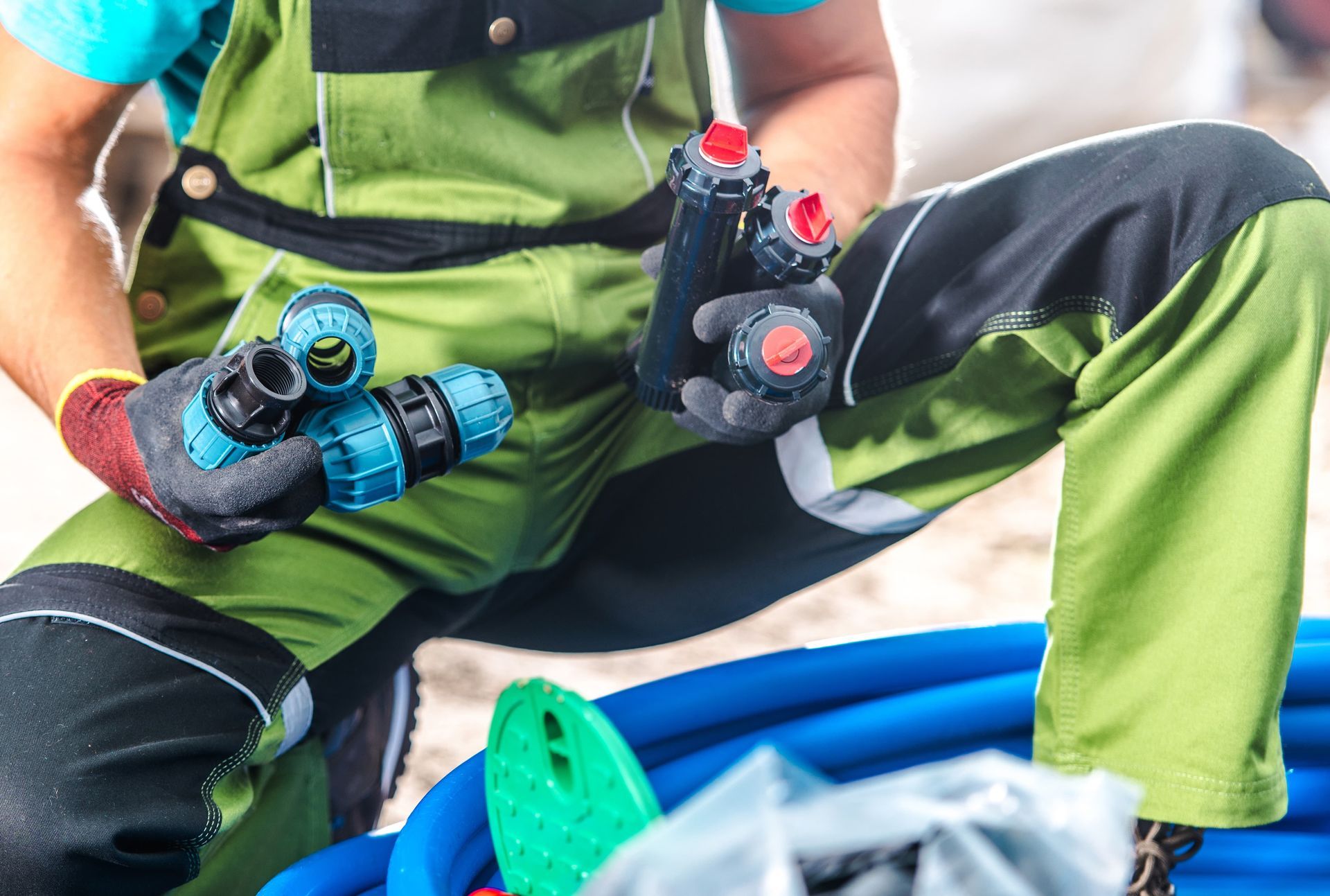 A person in green workwear holds scuba diving gear, sitting beside blue equipment outdoors.