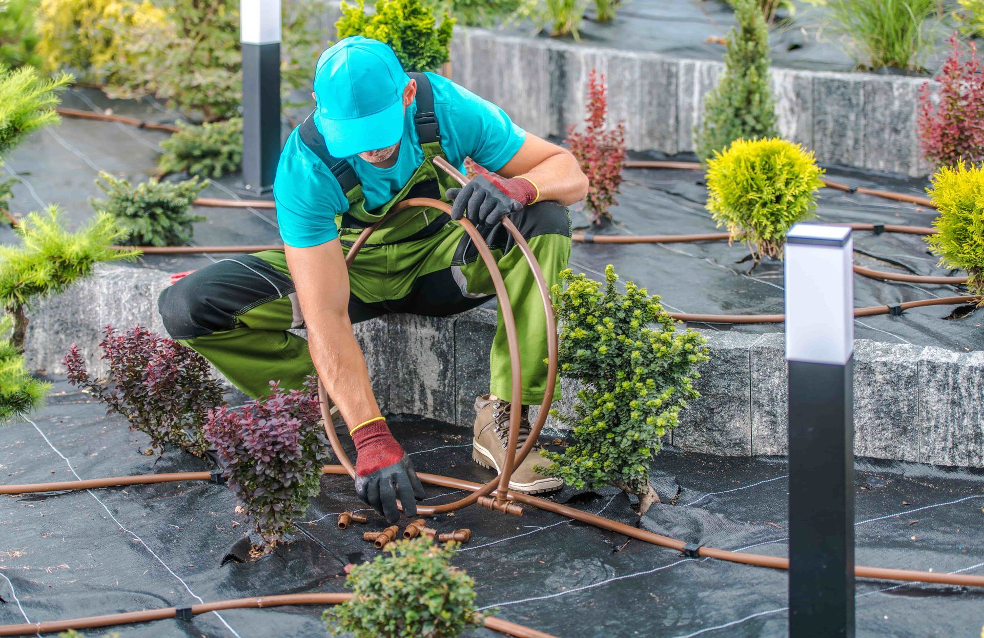 Worker in teal shirt planting greenery in a landscaped garden bed with stone steps.