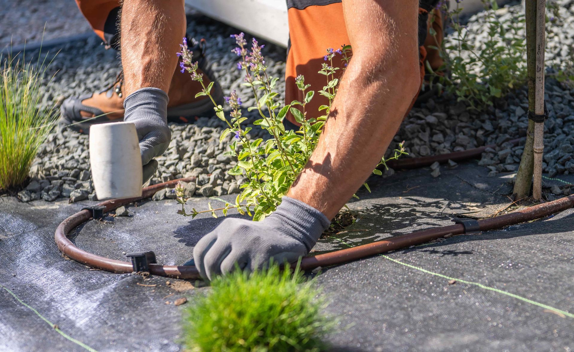 Gloved worker spraying a driveway crack with sealant using a hose and white canister