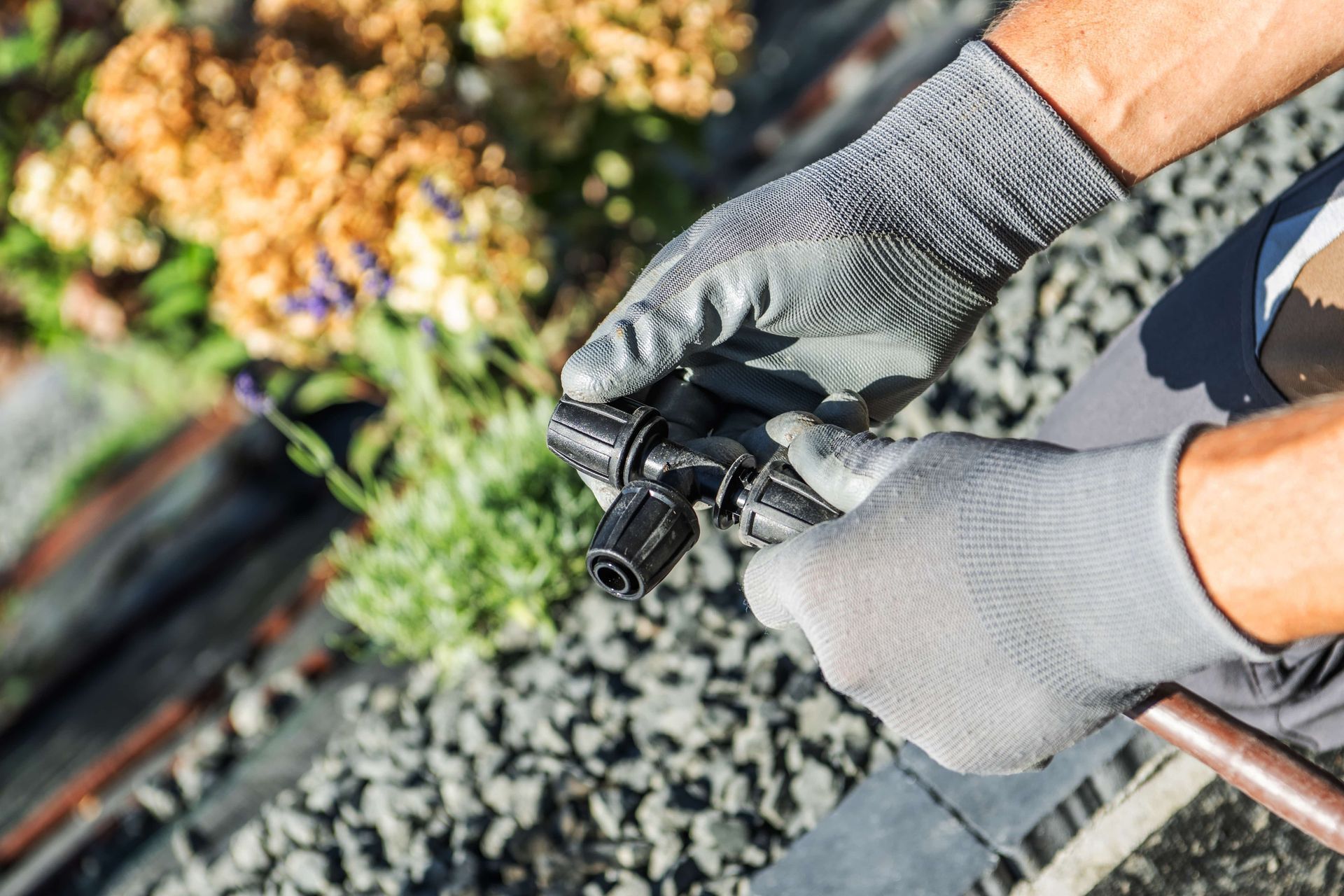 Gloved hands handling a black irrigation hose over gravel in a garden bed