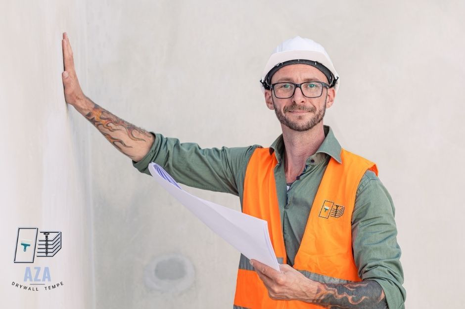 A drywall repair company worker at a commercial construction site smiles with raised arms while holding blueprints. He wears a white hard hat, an orange high-visibility vest over a green shirt, and has flame tattoos on his arms, standing against white drywall near W Windrose Dr, and N 130th Ln, El Mirage, AZ.