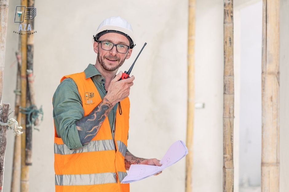 A drywall repair company worker in an orange safety vest and a hard hat smiles while holding papers and a walkie-talkie in an unfinished residential construction site. He wears safety glasses and stands among exposed wall framing and wooden studs near E Jaden Ln, and N Grafton Dr, Prescott Valley, AZ.
