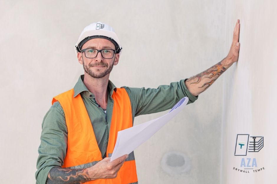 A drywall repair handyman, wearing an orange safety vest, green shirt, and white hard hat, holds a residential construction blueprint in one hand while leaning toward a wall with the other. He is inspecting work near W Nevada Ave, and W California Ave, Youngtown, AZ.